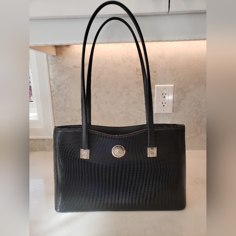 Classic Black Leather Long Strap Shoulder Bag with Silver Accents
